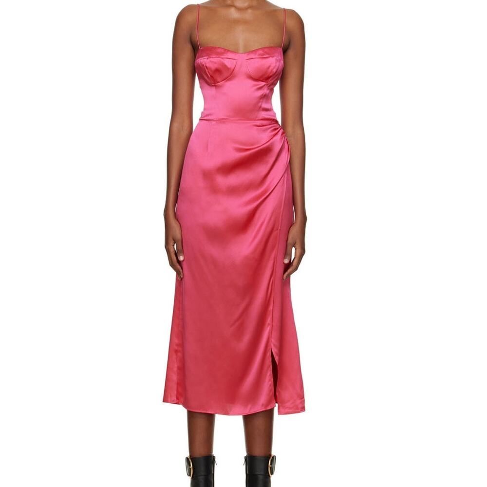 Reformation (2) Marguerite Silk Midi Dress Flambé Pink Sweetheart Slit NWT